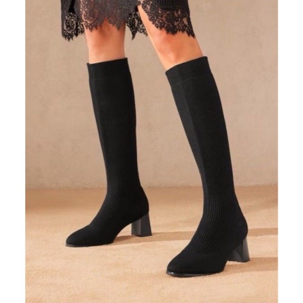 Eileen Fisher Alas Tall Knit Mid Heel Black Women Pull Boots Sz 5 5.5 6 Rts265$